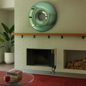 May include: A modern living room with a mint green, circular mirror mounted on a light green brick wall above a fireplace. A wooden mantel and a red patterned rug complete the decor.