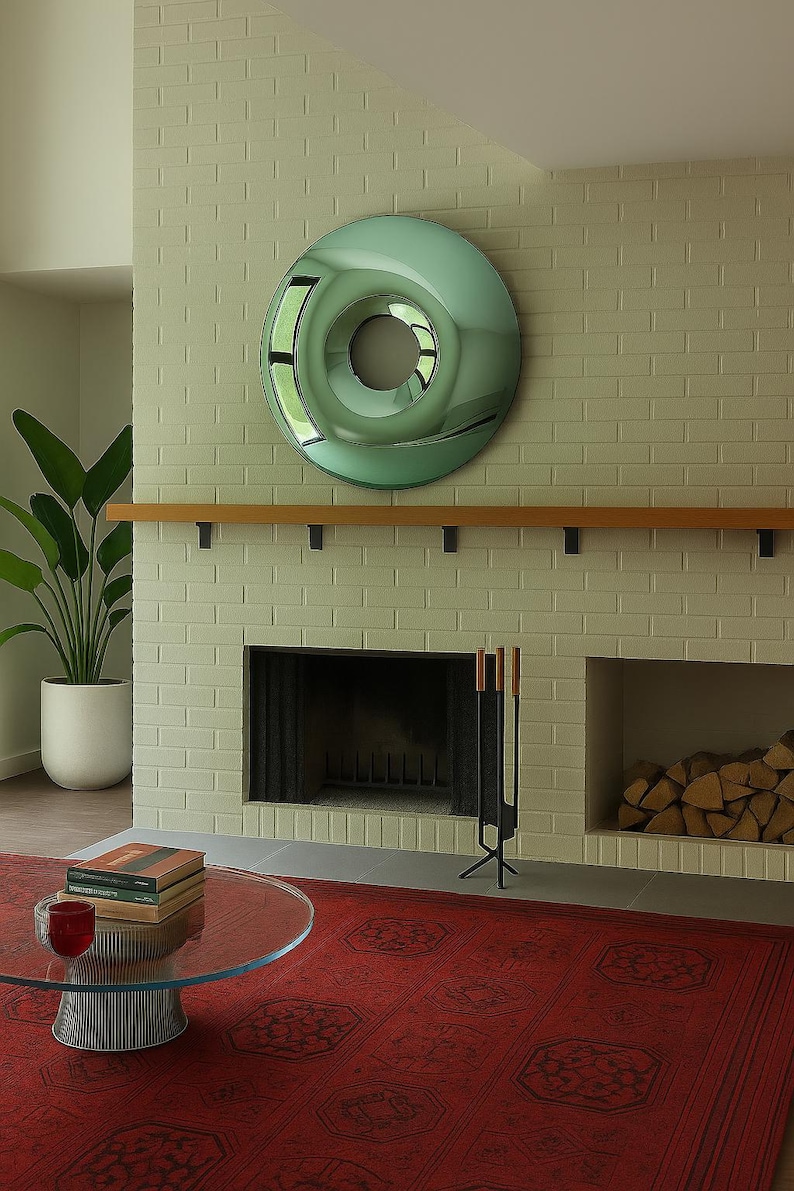 May include: A modern living room with a mint green, circular mirror mounted on a light green brick wall above a fireplace. A wooden mantel and a red patterned rug complete the decor.