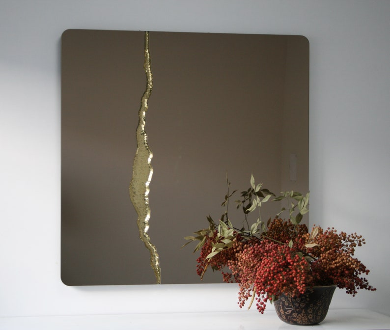 Fracture™ Bronze Tinted Square Mirror with Brass Detailed, Hand crafted, Brass Square Mirror image 1