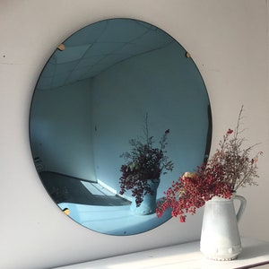 Blue Tinted Convex Mirror with Brass Clips, Hand crafted, Wall Mirror, Tinted Mirror, Blue Mirror, Space Age Decor, Contemporary, Curve image 6