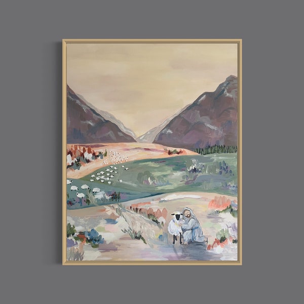 Christian Art "Lost and Found" | Good Shepherd Painting | large fine art print | lcolorful wall art | original artwork | landscape painting