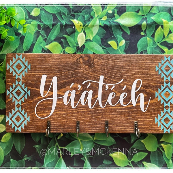 Yáátééh- Home Sweet Home Key Holder-Navajo Wood Sign-Native Border