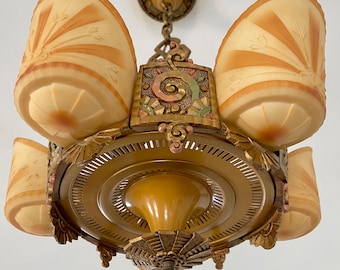 1930’s Art Deco Williamson Beardslee Slip Shade Chandelier