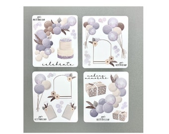 Op de afbeelding: Vier velletjes stickers met een paars, wit en bruin kleurenschema. De stickers bevatten ballonnen, cadeaus, een taart en een frame. De tekst "celebrate" en "making memories" is op de stickers opgenomen.
