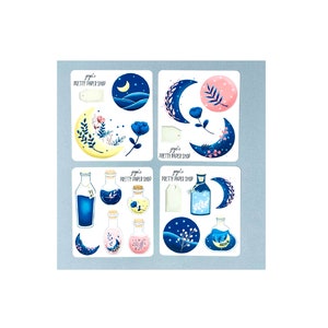 May include: A set of four sticker sheets featuring a celestial theme with moons, stars, and bottles. The stickers are in shades of blue, pink, and yellow with floral accents. The text on the stickers reads "jojo's PRETTY PAPER SHOP".