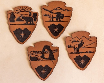 National Park Leather Stickers Arrowhead Shape, Yellowstone, Arches, Rocky Mountain, Smokey Mountains