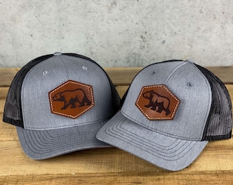 Father and Son Bear Leather Patch Trucker Hats - Matching Dad and Kid Set