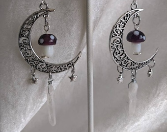 Moon, Mushrooms, and Magic Drop Crystal Earrings