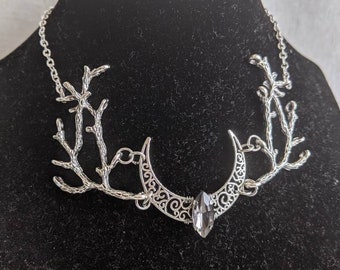 Moon and Branches Necklace with Crystal