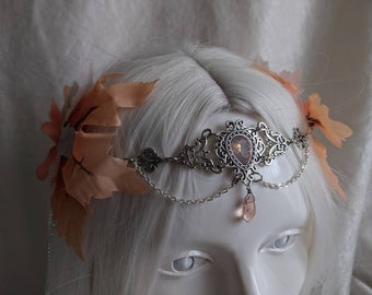 Peach and Coral Leaf Tiara with Draping Side Chains