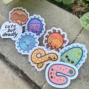 May include: A set of eight colorful stickers featuring cartoon-like depictions of different types of bacteria and viruses. The stickers have a cute and playful design with smiling faces and bright colors. The text "...cute but deadly" is included on one of the stickers.