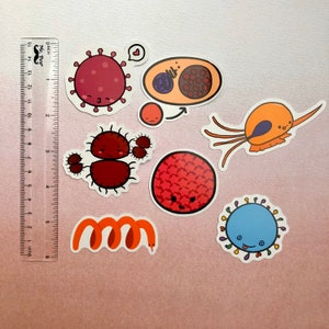 May include: A set of nine colourful cartoon stickers featuring different types of microbes, including a red virus, a blue bacteria, a green algae, and a yellow amoeba. Each sticker has a cute, cartoon-like face.