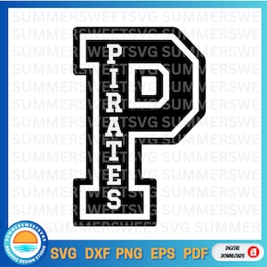 Piratas SVG, letra P SVG, espíritu escolar SVG, espíritu de equipo, diseño de camiseta SVG, PNG, archivos de corte DXF Cricut, archivos de corte digital, transferencia de plancha