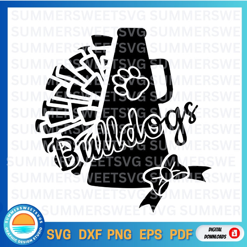 May include: Black and white graphic design featuring a megaphone, pom-pom, and bow, with the word "Bulldogs" in a script font. Includes the text "SVG DXF PNG EPS PDF" and a graphic design studio logo.