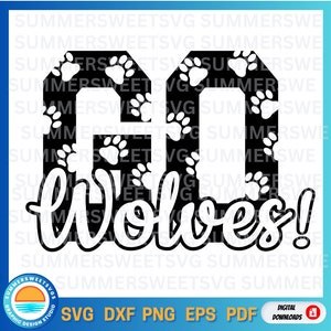 May include: A black and white digital graphic design featuring the block letters GO with a white paw print pattern overlay. Below the letters, the word Wolves is written in a white cursive script with a black outline and an exclamation point.