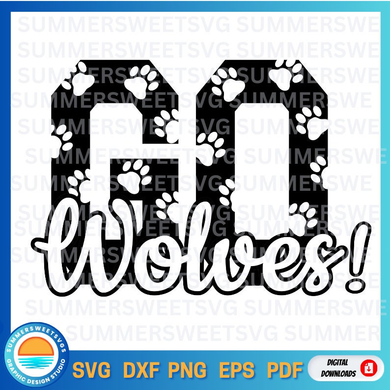May include: A black and white digital graphic design featuring the block letters GO with a white paw print pattern overlay. Below the letters, the word Wolves is written in a white cursive script with a black outline and an exclamation point.