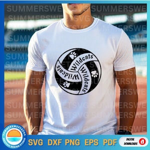 May include: White t-shirt with a black and white volleyball graphic, the word "Wildcats", and paw prints. Digital download available in SVG, DXF, PNG, EPS, and PDF formats. A sports-themed design.