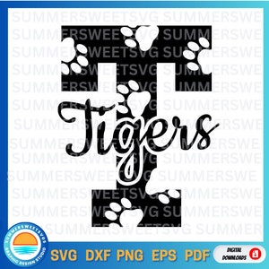Tijgers SVG, tijgers pootafdruk, teamgeest svg, afdrukbaar, cheer shirtontwerp, cricut gesneden bestanden, digitale snijbestanden, sublimatie, monogram
