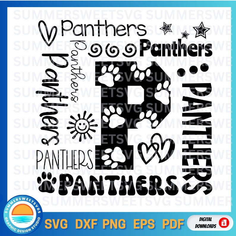 May include: Black and white graphic design featuring the word "Panthers" in various fonts and styles. Includes paw prints, hearts, stars, and a smiling sun. The design also includes the text "SUMMERSWEETSVG" and "DIGITAL DOWNLOADS".