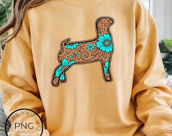 Cabra de exhibición PNG con estampado floral estilo western, diseño de cuero repujado turquesa, para mamás de ferias estatales, expositores de novillos de FFA y 4H. Sublimación PNG.