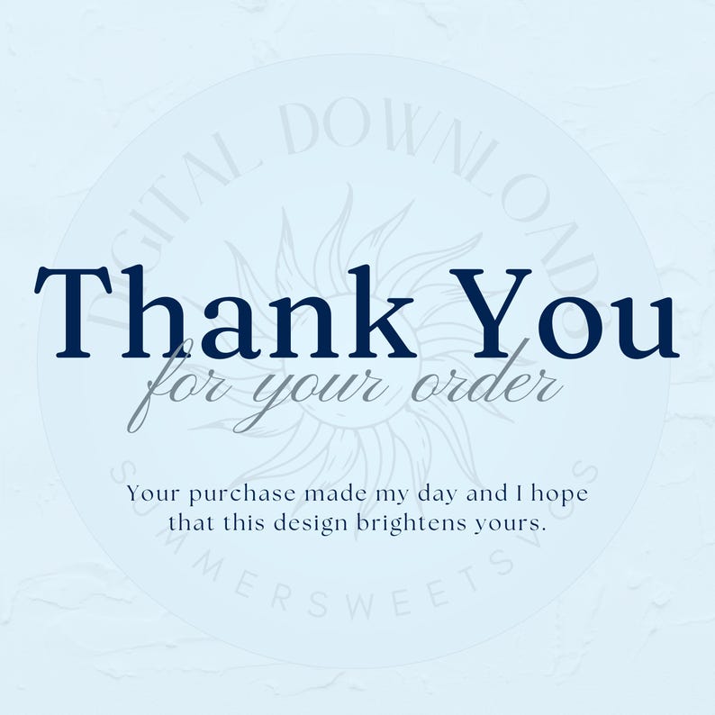 Peut inclure: Graphique de t&eacute;l&eacute;chargement num&eacute;rique bleu clair avec les mots "Thank You" en bleu marine et "for your order" en script gris clair. Le texte est entour&eacute; d'un cercle bleu clair avec un motif de soleil.