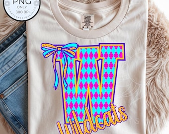 Wildcats PNG, Wildcat Preppy Harlequin pattern, School Mascot design, kids spirit shirt png file, printable game day image, digital download