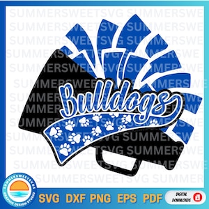 Bulldogs cheer SVG, bulldog cheer SVG, espíritu escolar SVG, pom pom SVG, archivo de corte de megáfono, EPS, SVG, DXF, PNG, archivo de corte de Cricut, silueta