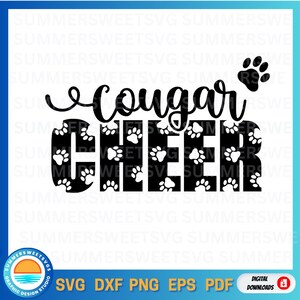 Cougar Cheer SVG, huella de pata SVG, espíritu de equipo SVG, camiseta de porristas SVG, diseño de porristas, SVG, PNG, PDF, DXF, archivos para silueta de Cricut, digital