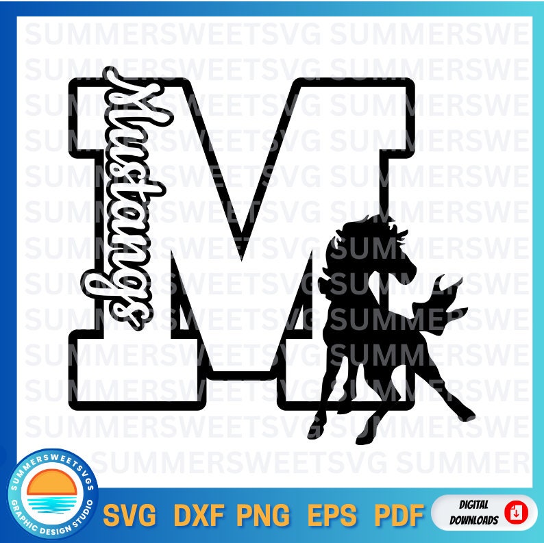 Puede incluir: Silueta en blanco y negro de un caballo con una letra M blanca con la palabra "Mustangs" escrita verticalmente en el lado izquierdo de la letra.