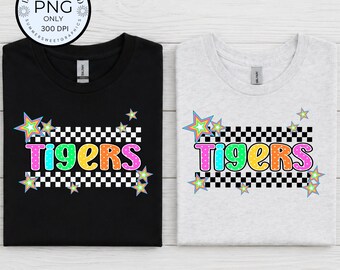 Polka dot Tigers PNG, Checkered Tigers image, School Spirit Shirt Design, Preppy Mascot digital file for sublimation with neon  stars