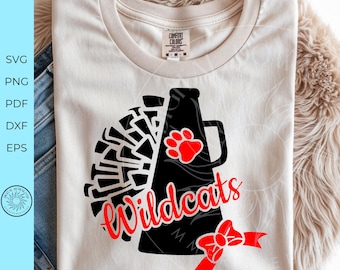 Diseño Wildcat Cheer, megáfono svg, monograma de pompón, archivo de corte de espíritu de equipo de porristas, imagen de camiseta para el día del partido, descarga digital