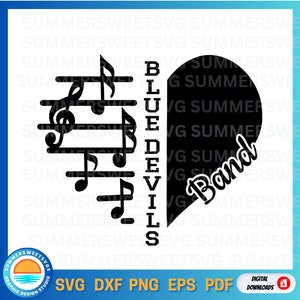 Diablos SVG, música SVG, banda SVG, diseño de corazón de banda, espíritu escolar, diseño de clave de sol SVG, SVG PNG DXF, archivos de corte Cricut, archivos de corte digital