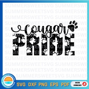 May include: Black and white graphic design with the text "Cougar Pride" in a paw print pattern.
