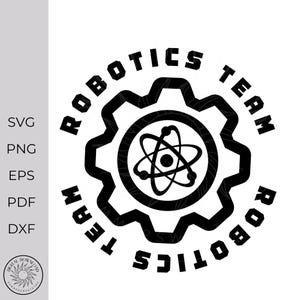 Peut inclure: Logo noir et blanc pour une équipe de robotique. Le design présente une forme d'engrenage avec les mots "ROBOTICS TEAM" sur le bord. À l'intérieur de l'engrenage se trouve un cercle avec un symbole d'atome.