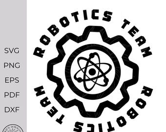 May include: Black and white Robotics Team logo featuring a gear shape with the words "ROBOTICS TEAM" around the edge. Inside the gear is a circle with an atom symbol.