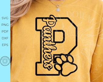 Archivo SVG de los Panthers, SVG de la letra P universitaria, diseño de espíritu de equipo, gráfico para camiseta de mamá de los Panthers, monograma de fútbol americano, archivo de corte para Cricut, descarga digital