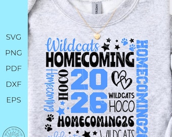 Wildcats SVG, School Homecoming 2026 SVG, plik do wycinania projektu koszulki Hoco 2026, grafika na dzień gry tygodnia ducha, plik do wycinania Cricut, pobieranie cyfrowe