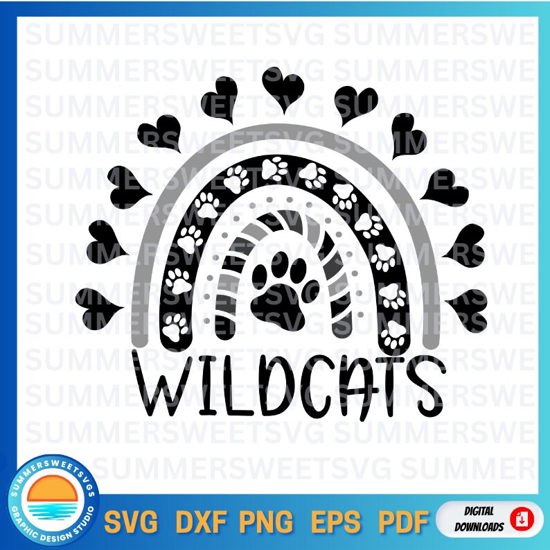 Op de afbeelding: Een zwart en grijs digitaal grafisch ontwerp met een regenboogvorm bestaande uit pootafdrukken en gestreepte patronen, omringd door kleine zwarte hartjes. Het woord WILDCATS staat in grote zwarte hoofdletters onder het regenboogontwerp.