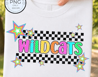 Polka dot Mascot PNG, Checkered Wildcats image, School Spirit Shirt Design,Preppy Wildcat digital file for sublimation with neon  stars