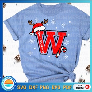 Wildcat Christmas SVG, Christmas school shirt svg, school staff svg,teacher svg,Santa hat,Antlers, candy cane, cricut cut file, png,dxf, eps