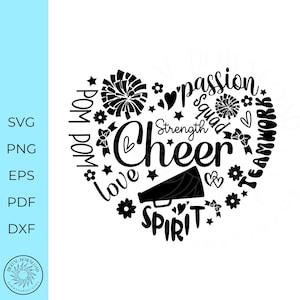 Może przedstawiać: Czarno-biały projekt graficzny w kształcie serca, ze słowem "Cheer" pośrodku. Projekt zawiera słowa takie jak "Love", "Passion" i "Teamwork", a także pompony i megafon. Dostępne w formatach SVG, PNG, EPS, PDF i DXF.