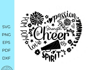 Cheerleader SVG PNG, Cheer Subway Art Heart, Cricut Cut File for Spirit Shirts, Team Gift, Competition Decor, DIY Cheer Mom, Pom Pom Design