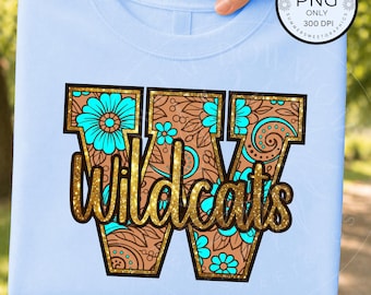 Western Floral Mascot PNG, Wildcats PNG, Turquoise Embossed Leather Design Spirit Shirt Design, for sport Moms,Game day digital download