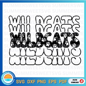 May include: A digital graphic design featuring the word WILDCATS in a bold, bubble-style font. The letters are filled with a black background and a repeating pattern of white paw prints. The design is presented against a white background.