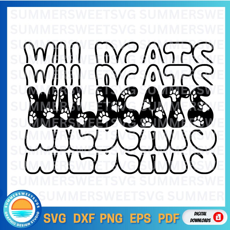 May include: A digital graphic design featuring the word WILDCATS in a bold, bubble-style font. The letters are filled with a black background and a repeating pattern of white paw prints. The design is presented against a white background.