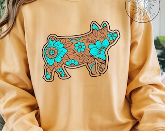 Cerdo de exhibición PNG con diseño floral estilo western falso, cuero repujado turquesa, para mamás de ferias estatales, expositores de cerdos de FFA y 4H. PNG para sublimación.
