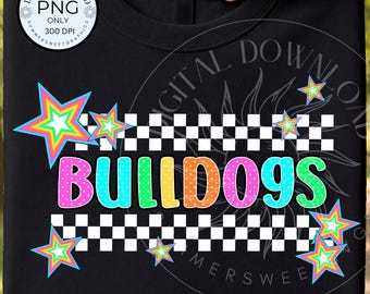 Checkered Mascot PNG, Neon Preppy Bulldogs image, School Spirit Shirt Design,Preppy Bulldog digital file for sublimation with colorful stars