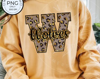 Wilki PNG, maskotka szkoły PNG, koszulka z motywem szkolnym Varsity Letter W png, nadruk w panterkę Wolves mama png, sztuczny brokat do pobrania cyfrowego