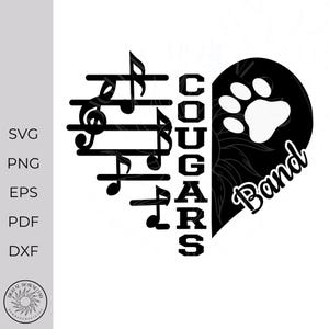 Cougar svg, music  SVG, band svg, music heart design, team spirit, treble clef design svg, svg png dxf, cricut cut files,digital cut files