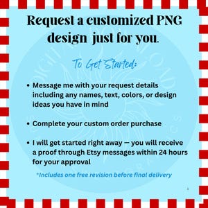 May include: A light blue graphic with text that reads "Request a customized PNG design just for you." The image includes instructions on how to order, including messaging details, completing the purchase, and receiving a proof within 24 hours. The border is red and white.